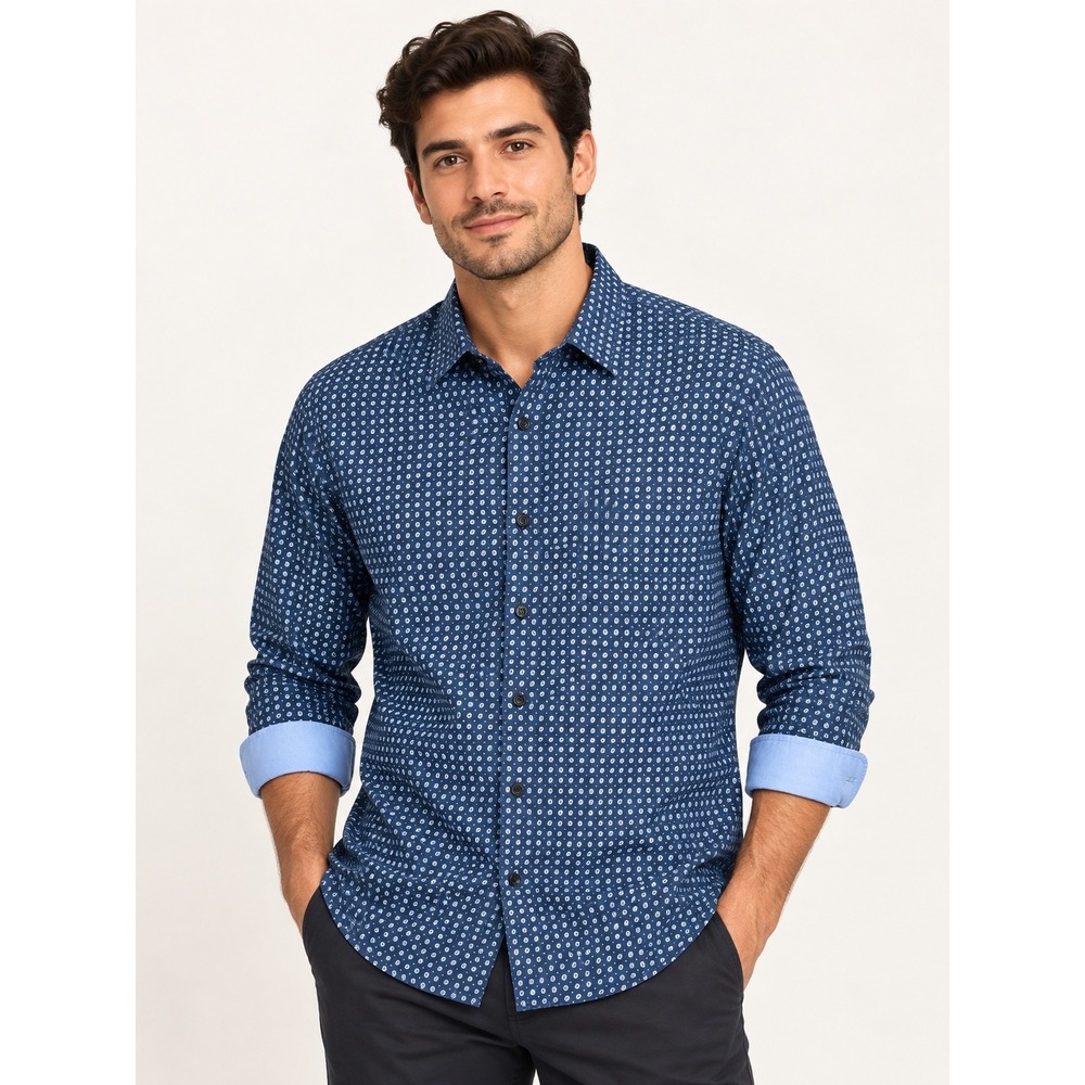 Tasso Elba Mens Navy Blue White Micro Paisley Long Sleeve Button Down Shirt